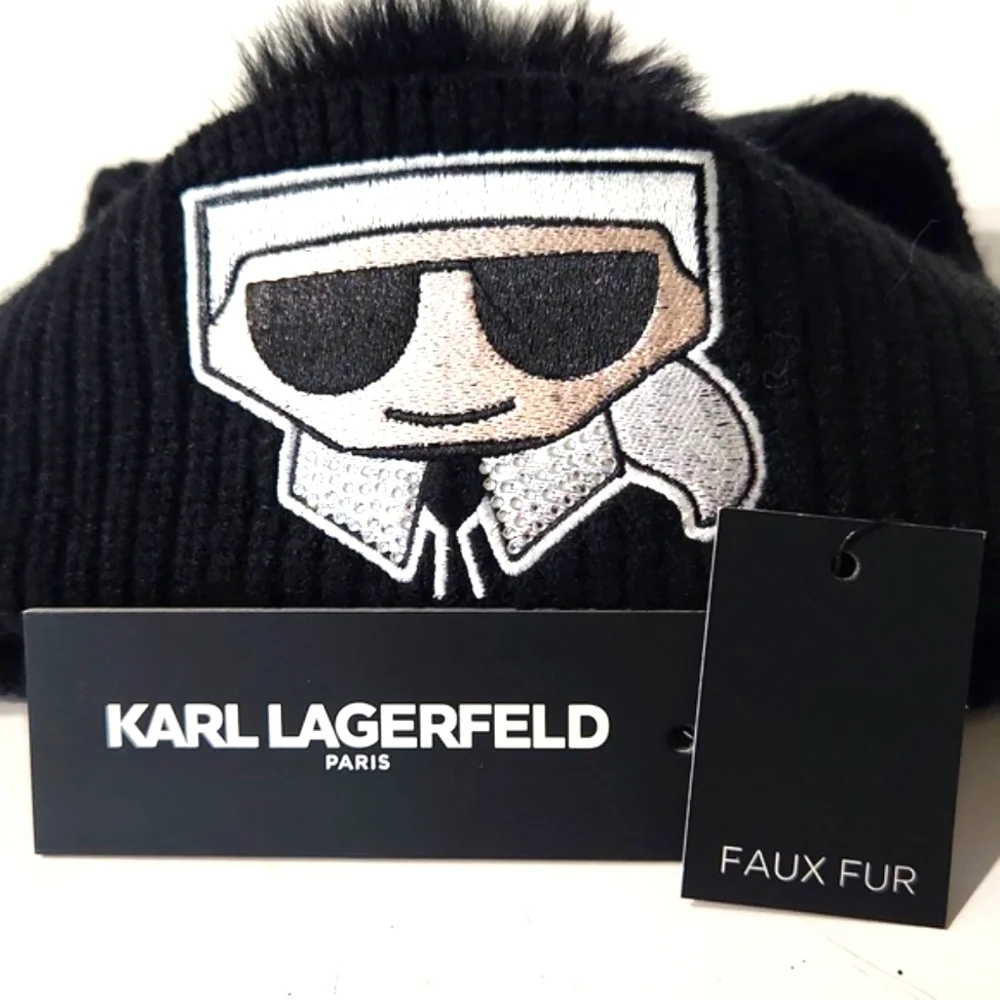 NWT Karl Lagerfeld Black Rhinestone Faux Fur Pom-Pom Beanie